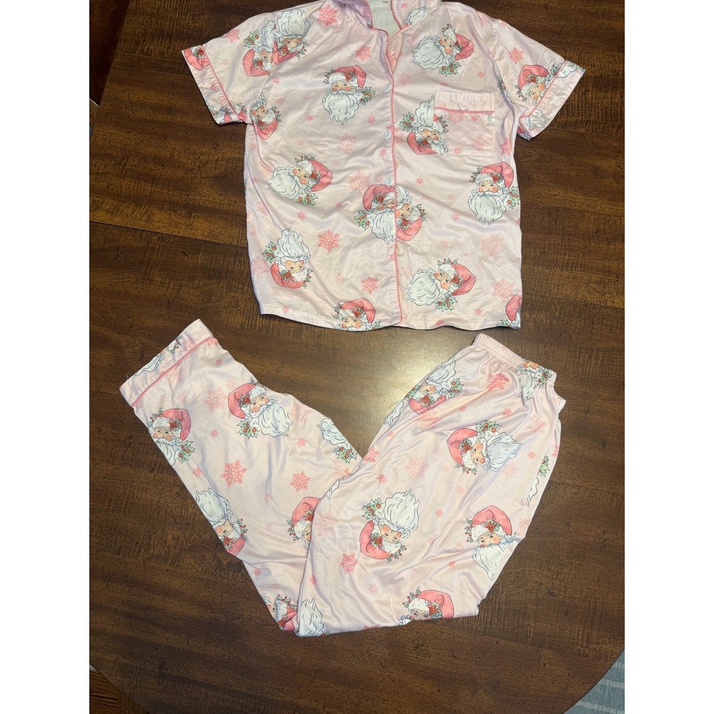 Women's M Pink Santa Christmas Pajama Set Retro Holiday Button Top Pants
